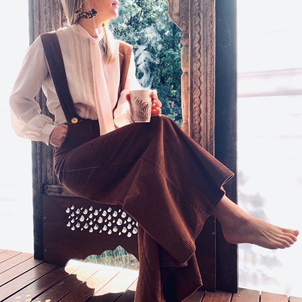 Made to Order Wide Leg Brown Corduroy High Rise Suspender-Alls Flared Pants